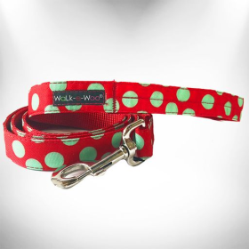 Polka Dot Dog Leads (Color: Mint Green Dot on Red, size: THIN Lead 5/8" width- 5' length)